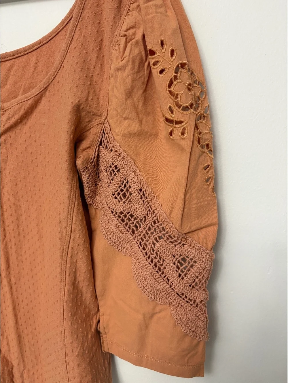 Free people size Large Rust Orange Blouse with Crochet Lace Sleeves